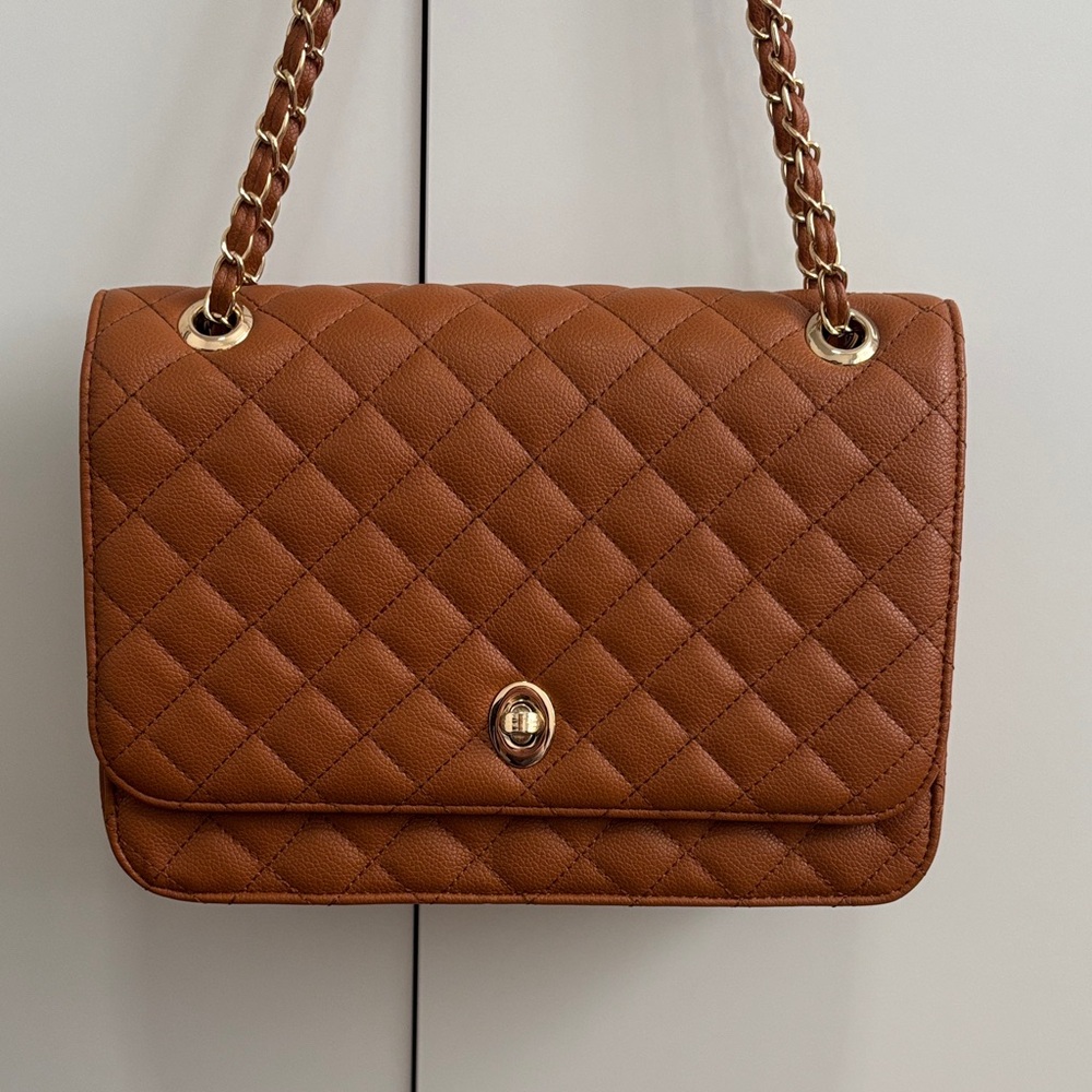 Tan Brown Quilted Shoulder Flap Bag
